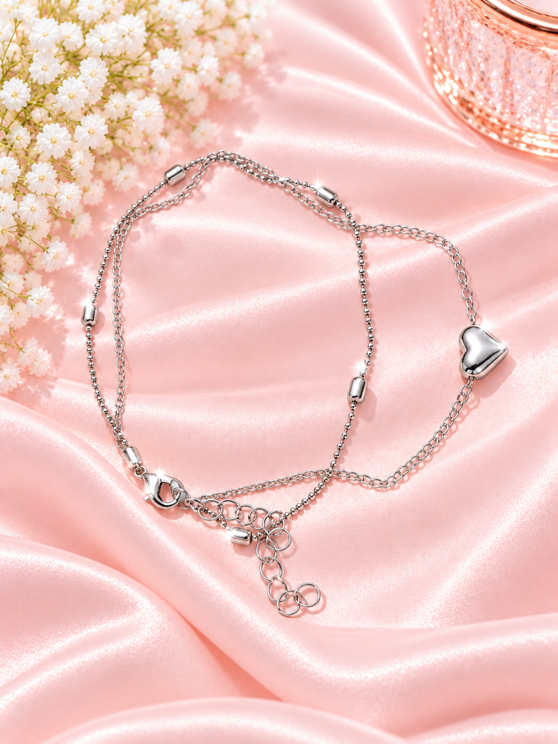 Opaluxe - Silver Heart Layered Anklet