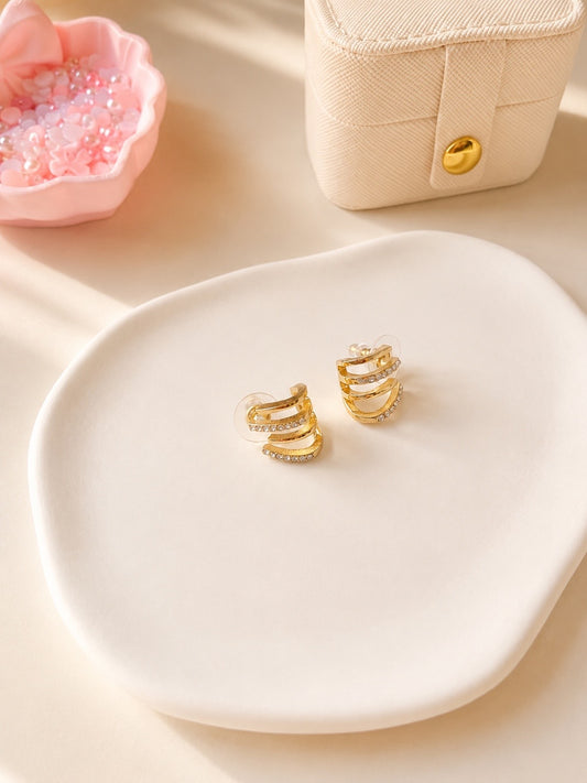 Gold Triple Row Crystal Stud Earrings