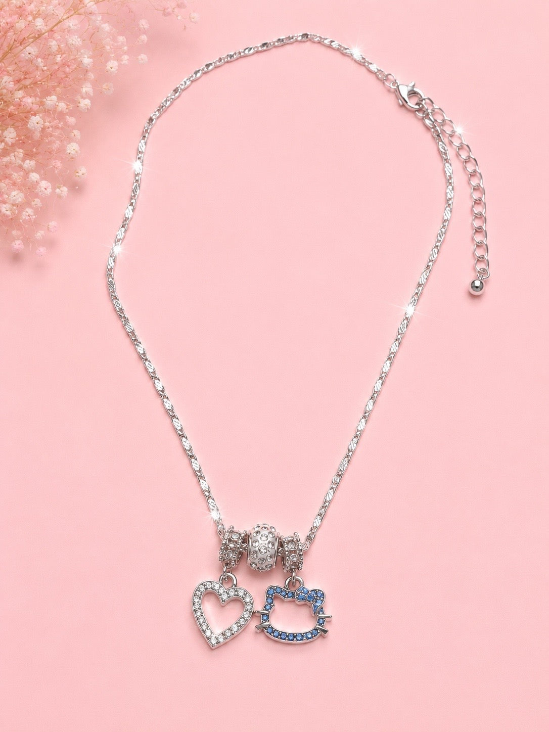 Crystal Heart & Kitty Charm Necklace