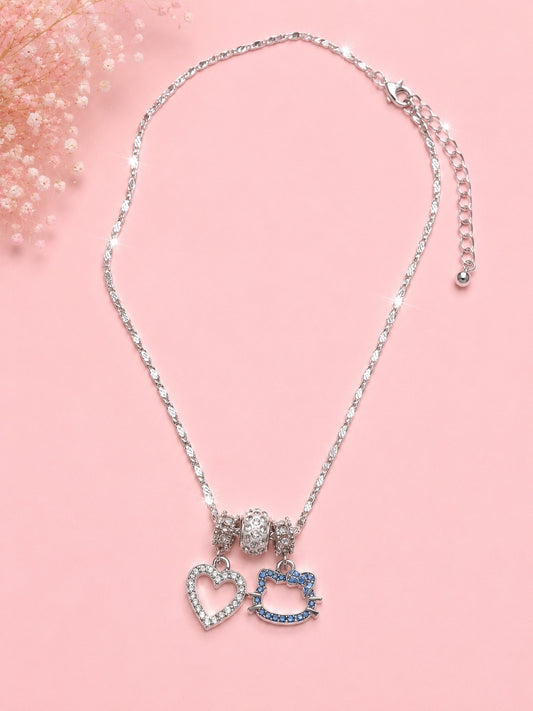 Crystal Heart & Kitty Charm Necklace